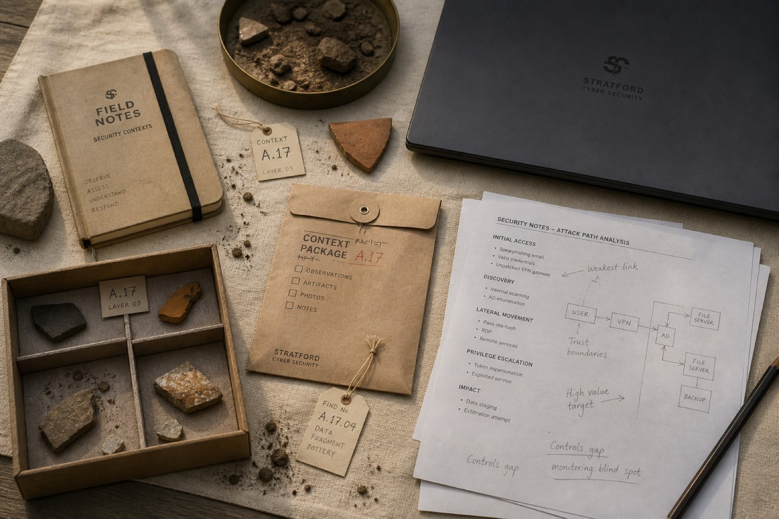 Field table with notebooks, shards, tags and a closed laptop