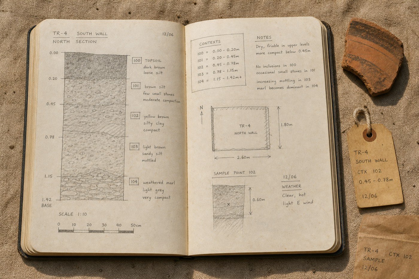 Field notebook with pencil stratigraphy drawings