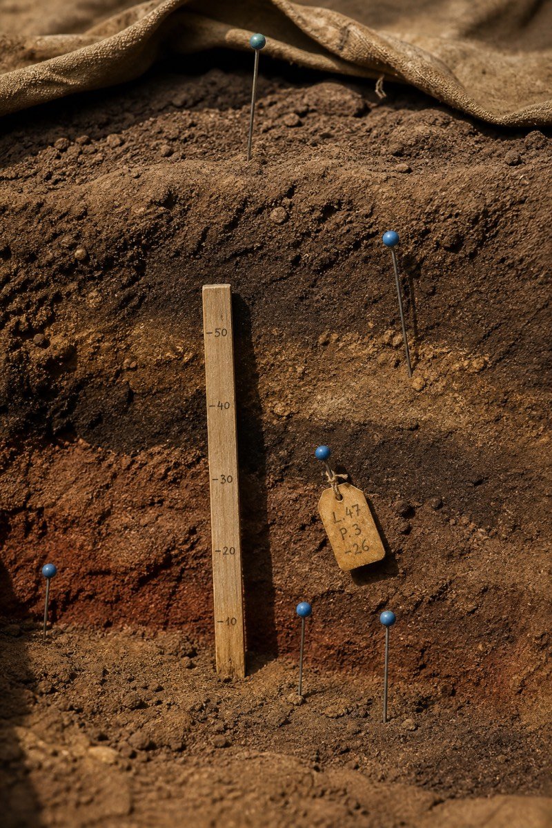 Datum pins and depth markers in a cut earth section